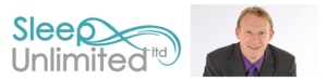 Dr David Lee, Chartered Psychologist and Chartered Scientist, Clinical Director at Sleep Unlimited, smiling beside the Sleep Unlimited logo promoting healthy sleep and wellbeing